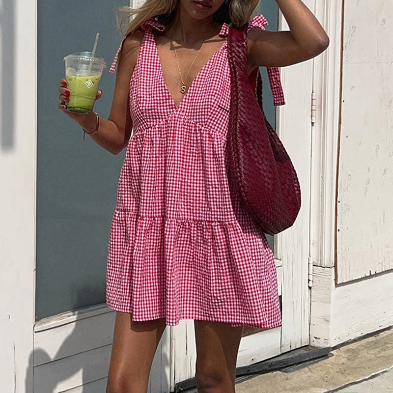 Abito estivo da donna senza maniche con stampa scozzese casual, cinturino con scollo a V profondo, clubwear, vestibilità ampia, abito corto a trapezio