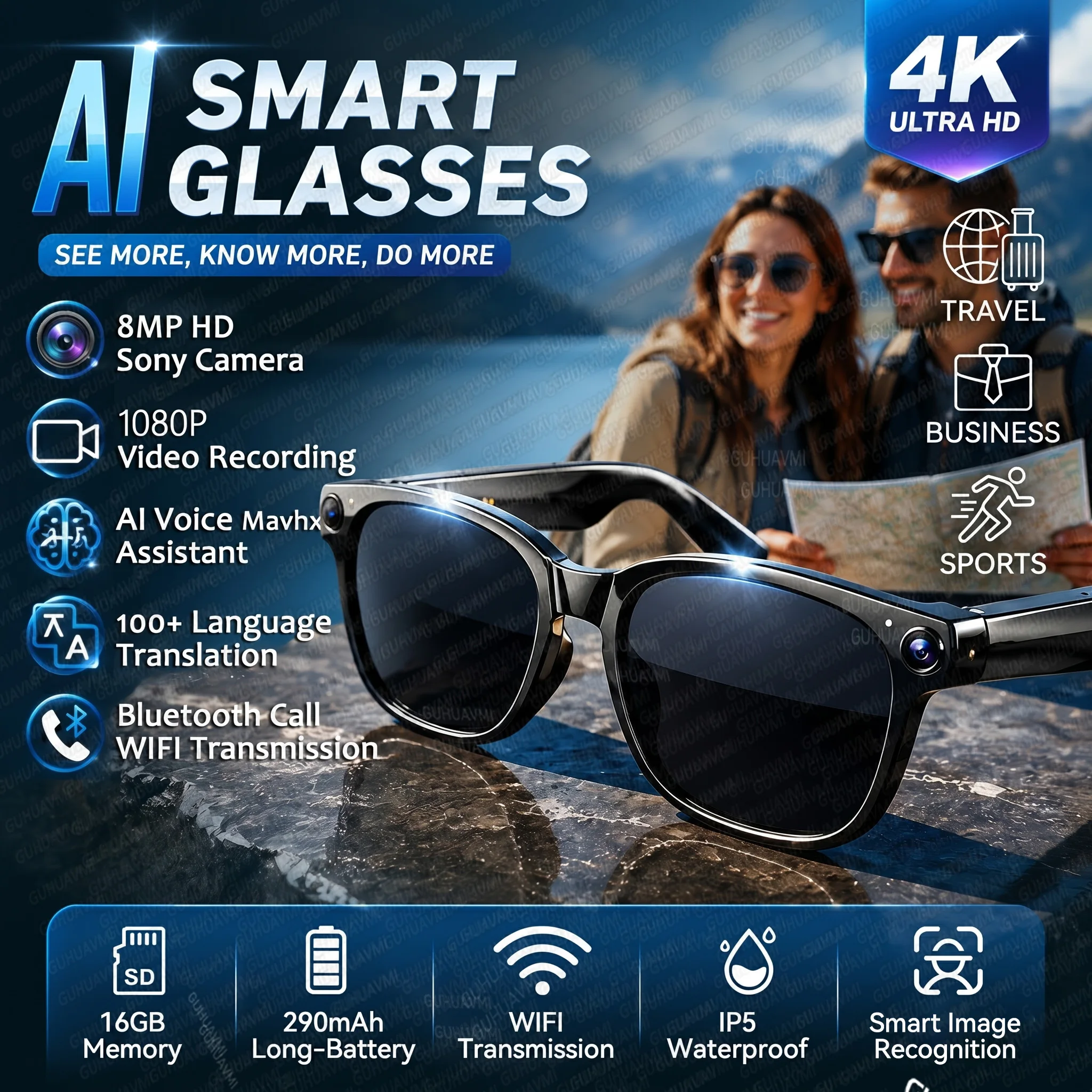 

2026 Travel AI Smart Glasses 800W Pixel Camera 1080P Shooting Video Chatgpt Voice Assistant 100+Translation BT Call Sunglasses