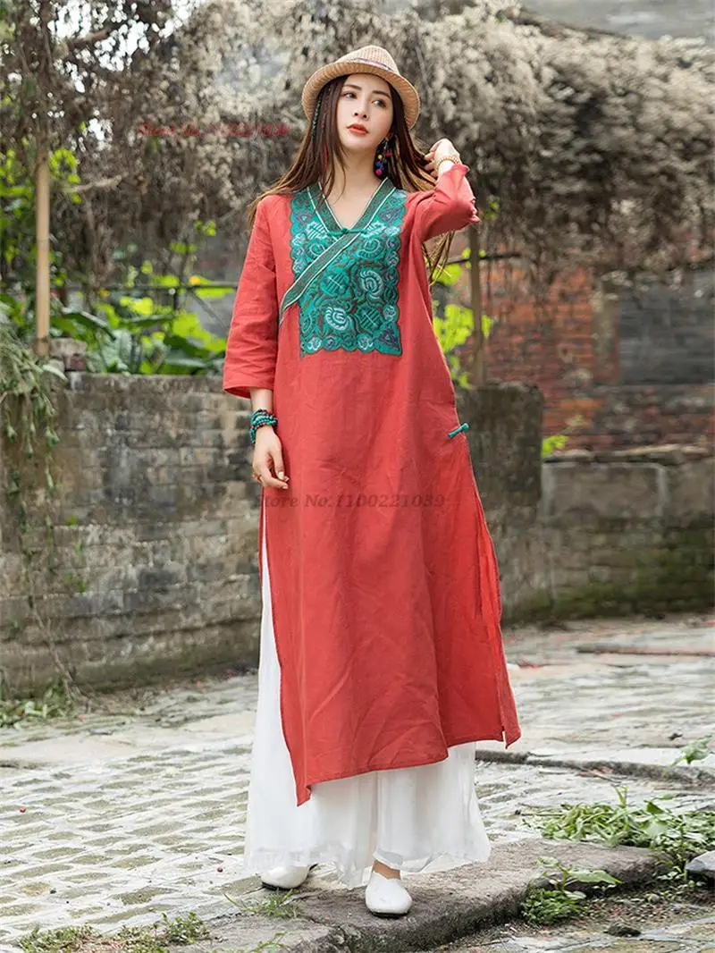 2024 oriental vintage dress chinese traditional v-neck dress national flower embroidery cotton linen dress ethnic folk dress