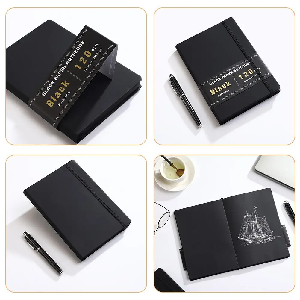 Black Paper Notebook 100 Sheets 200 Pages Blank DIY Journal Sketchbook Projects Vintage Practical Note-taking