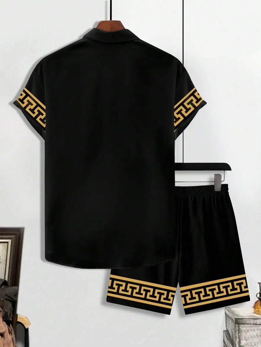 

Black Mens Short Sleeve Button-Down Shirt And Matching Shorts With Gold Greek Key Trim Casual Set