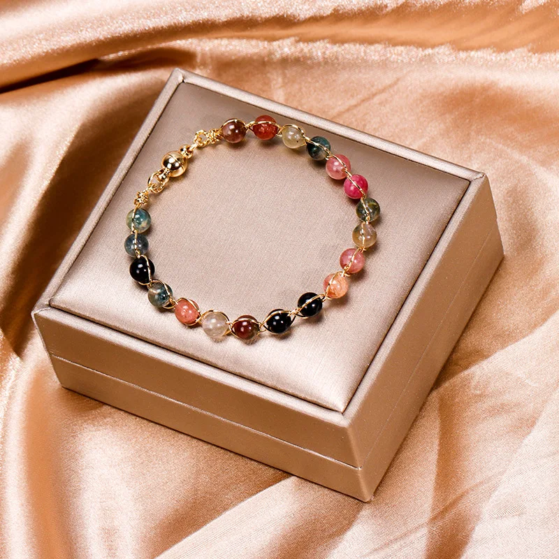 Natural Tourmaline Magnet Bracelet Female 14K Gold Plated Lucky Bead HandString Colorful Crystal Beads Jewelry Light Luxury Gift