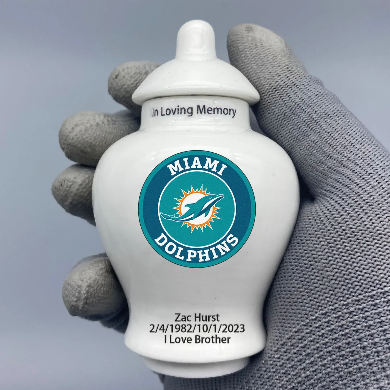 Mini Urn for Miami Dolphins-themed Logo Custom Urn.Send me the name/date you want to appear on the urn by Remarks Message.