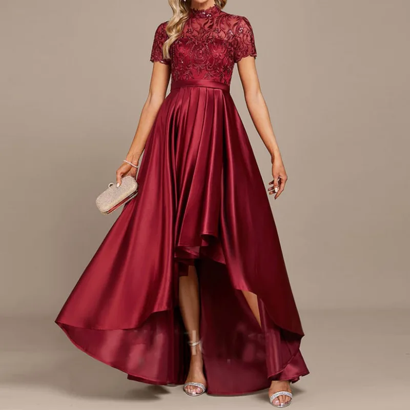 Customized Luxury Embroidery Light Dress Women's Wine Red Lace Stitching Irregular Hem Evening Dresses High Quality Soft Satin O