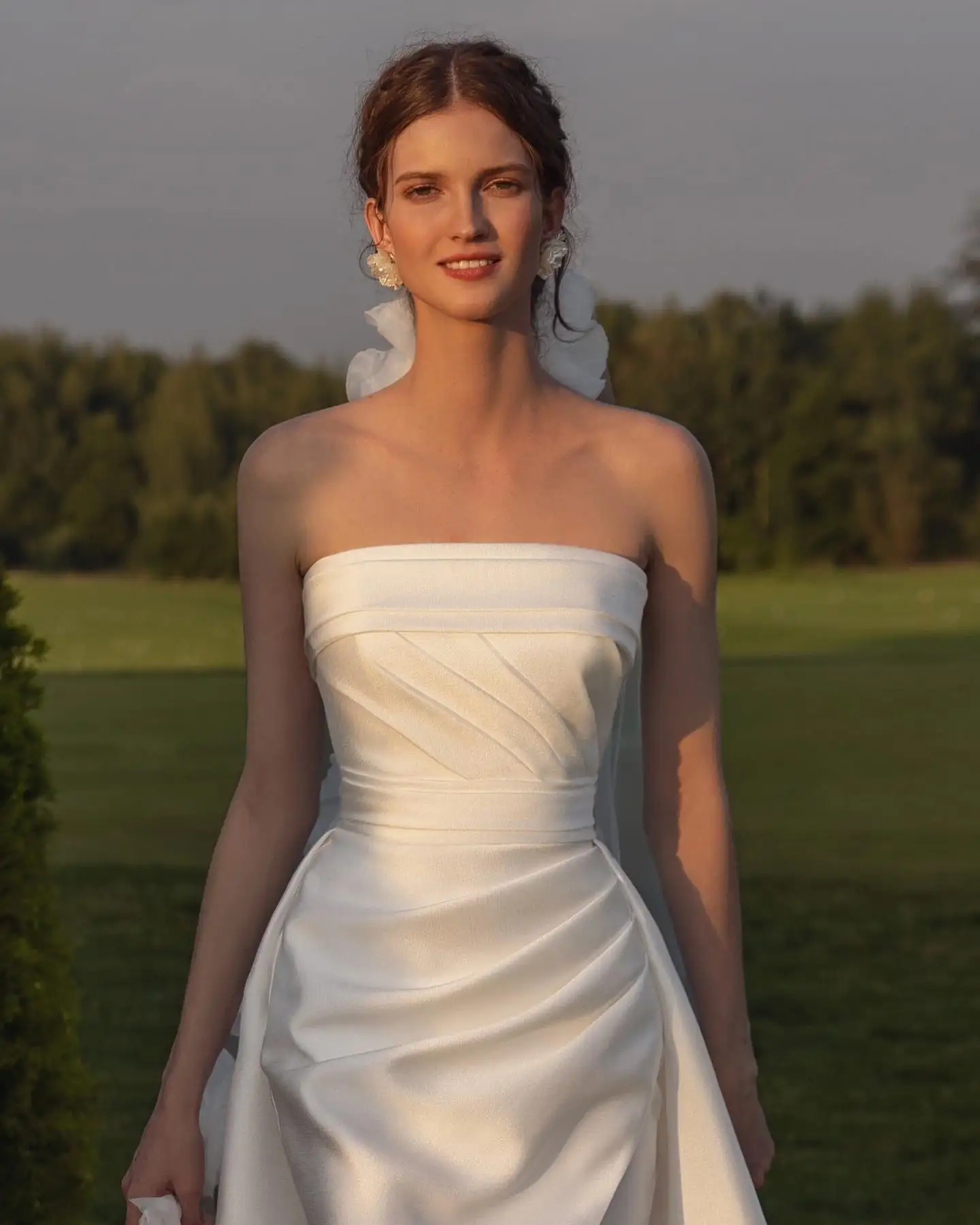 custom Simple White Satin Pleated Wedding Dress 2-piece with Detachable Train Off Shoulder  A-line Bride Prom Party Gown