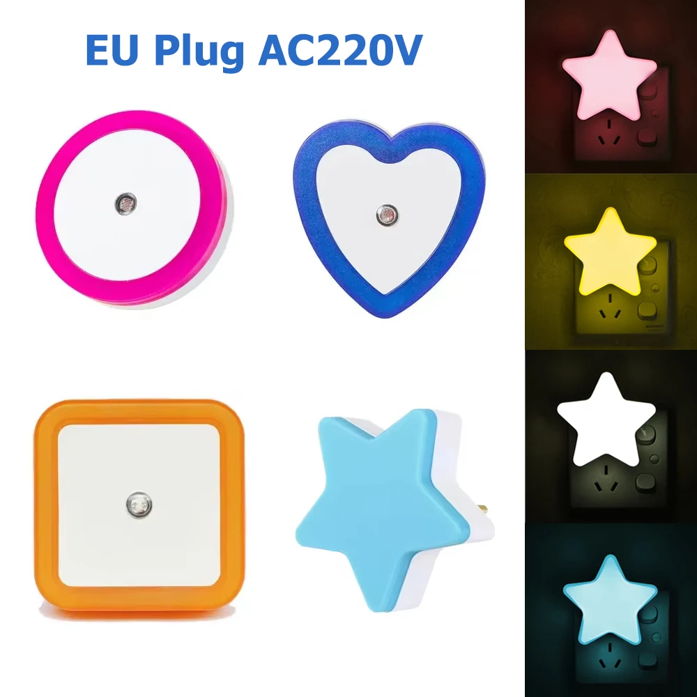 EU Plug LED Night Light Auto Sensor Control Square/Round/Star/Heart Shape Wall Lamp White/Red/Yellow/Blue Bedside Lamp AC220V