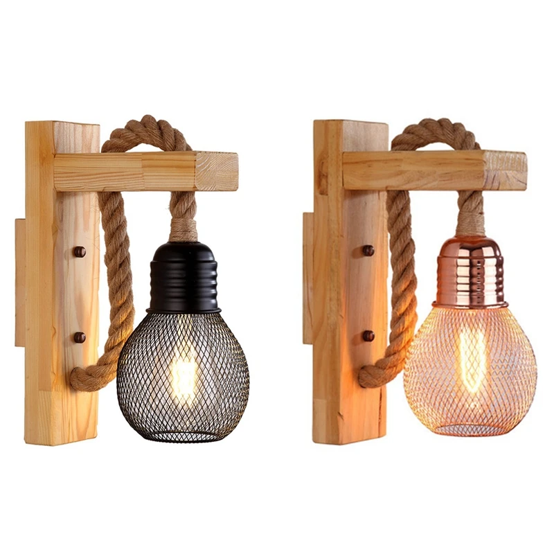 

HOT! Vintage Wood Hemp Rope Wall Lamps Fixture Retro Hallway Bedside Loft Light Luminaire Industrial Decor