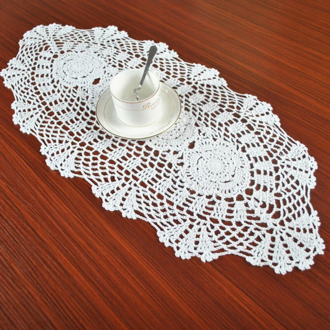 Crocheted Table Runner Doily Floral Handicraft Home Decor Lace Oval Runner Table Tablecloth Vintage Countryside