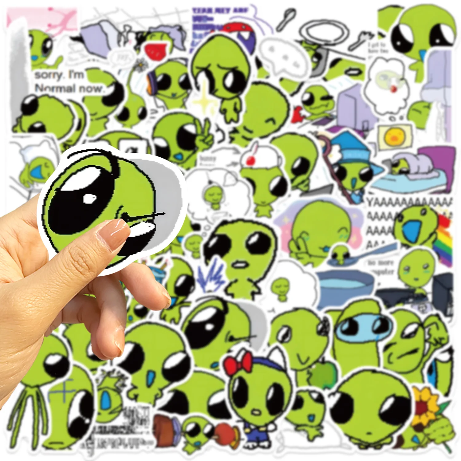 10/52 pièces vert Alien autocollants bricolage pour Scrapbook téléphone guitare ordinateur portable valise bouteille d'eau étanche décalcomanies autocollant enfants jouets