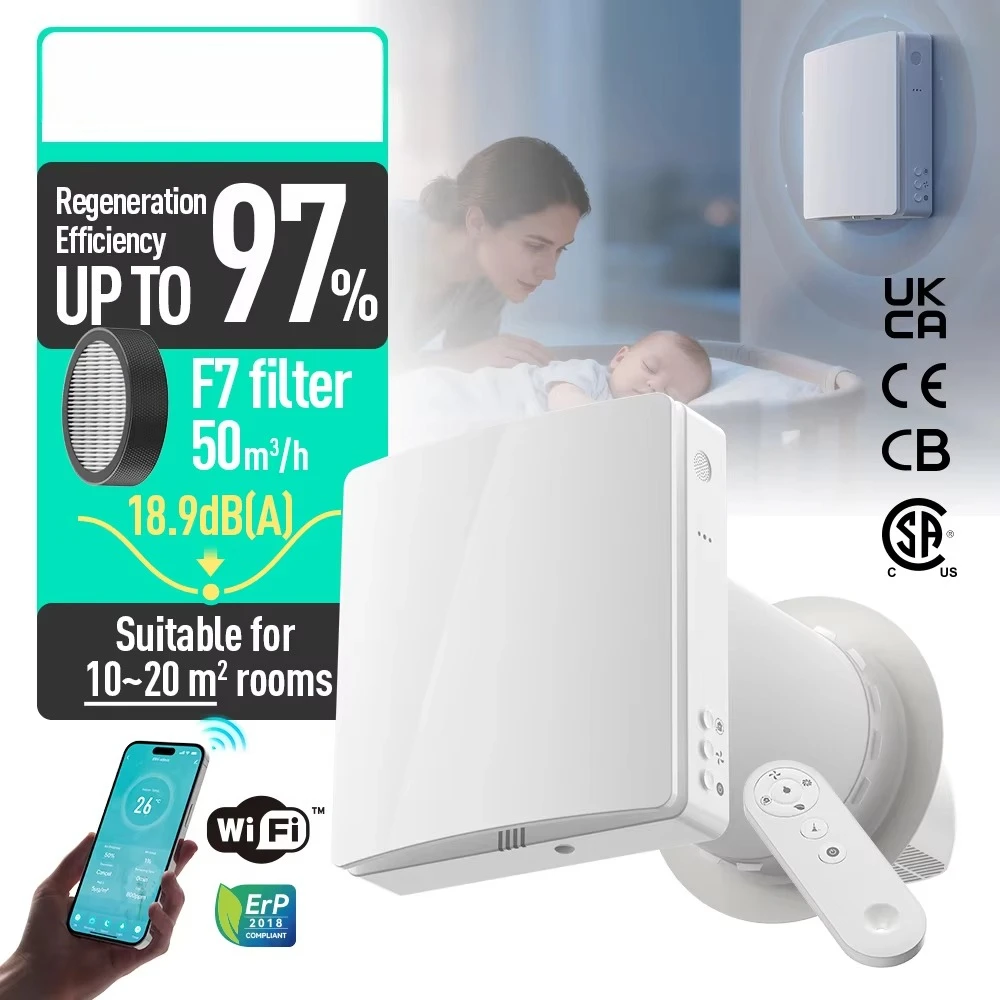 Ventilador EC Reversible con Control inalámbrico Erv 30M montado en la pared, sistema de recubrimiento de calor sin conductos de aire fresco con ahorro de energía para uso doméstico pequeño