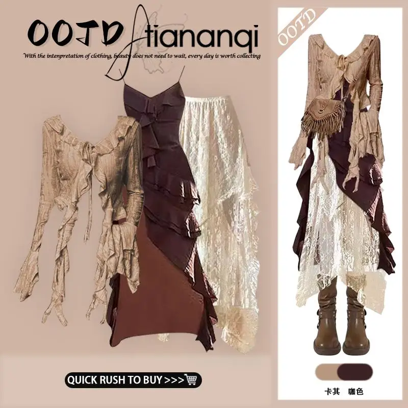 Ensemble de tenue touristique d'été pour femme, haut en gaze assorti rétro Sle ter Dr, jupe t-shirt mi-longue superposée, taille douce Con...