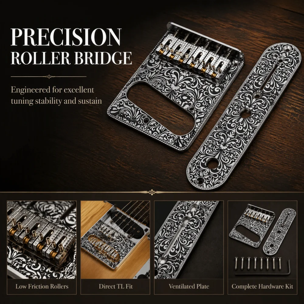 Zinc Alloy For Telecaster Bridge Control Plate Engraved Pattern 6 String Roller Saddle Bridge Silver Color Guitar Bridge