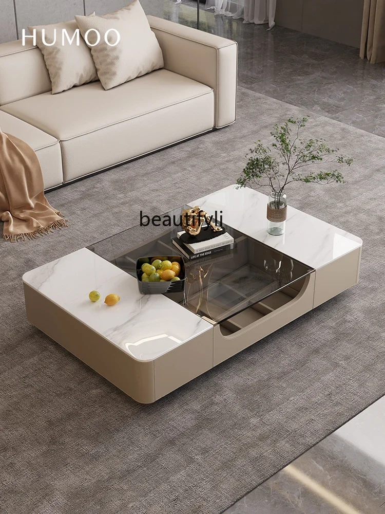 Light Luxury Saddle Leather Tea Table Home Living Room High-End Rectangular Solid Wood Multi-Functional Storage Tea Table