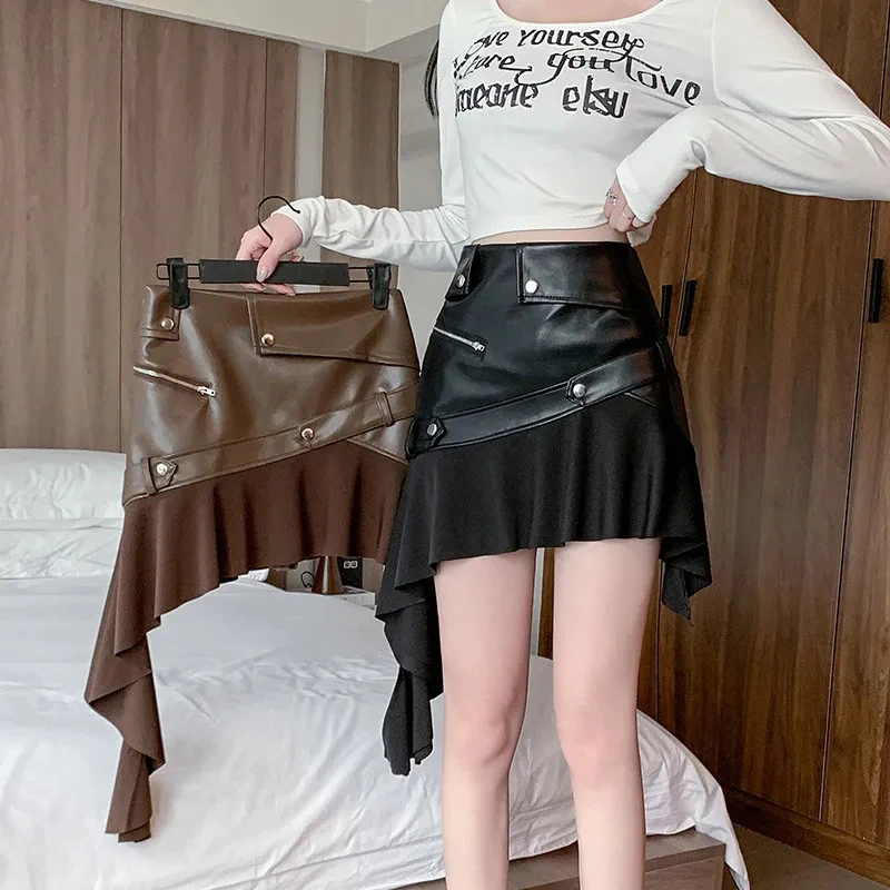 Irregular Ruffles Mini Skirt Women Vintage Streetwear Pu Leather Patchwork Skirts High Waist A Line Zipper Y2K Hottie Sexy Skirt