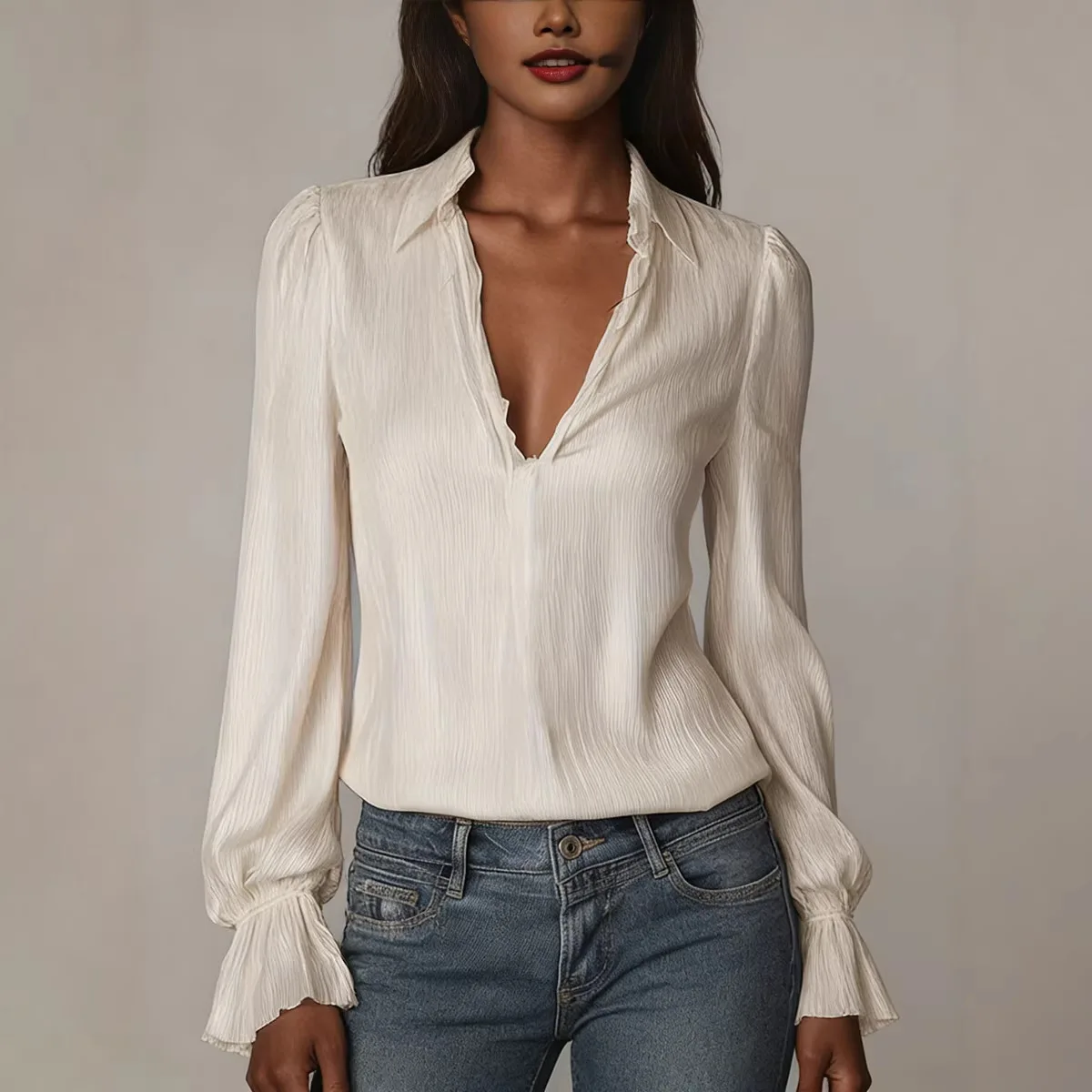 

Новая элегантная однотонная женская рубашка с длинным рукавом и отложным воротником для офиса, минималистичный дизайн, весна 2026