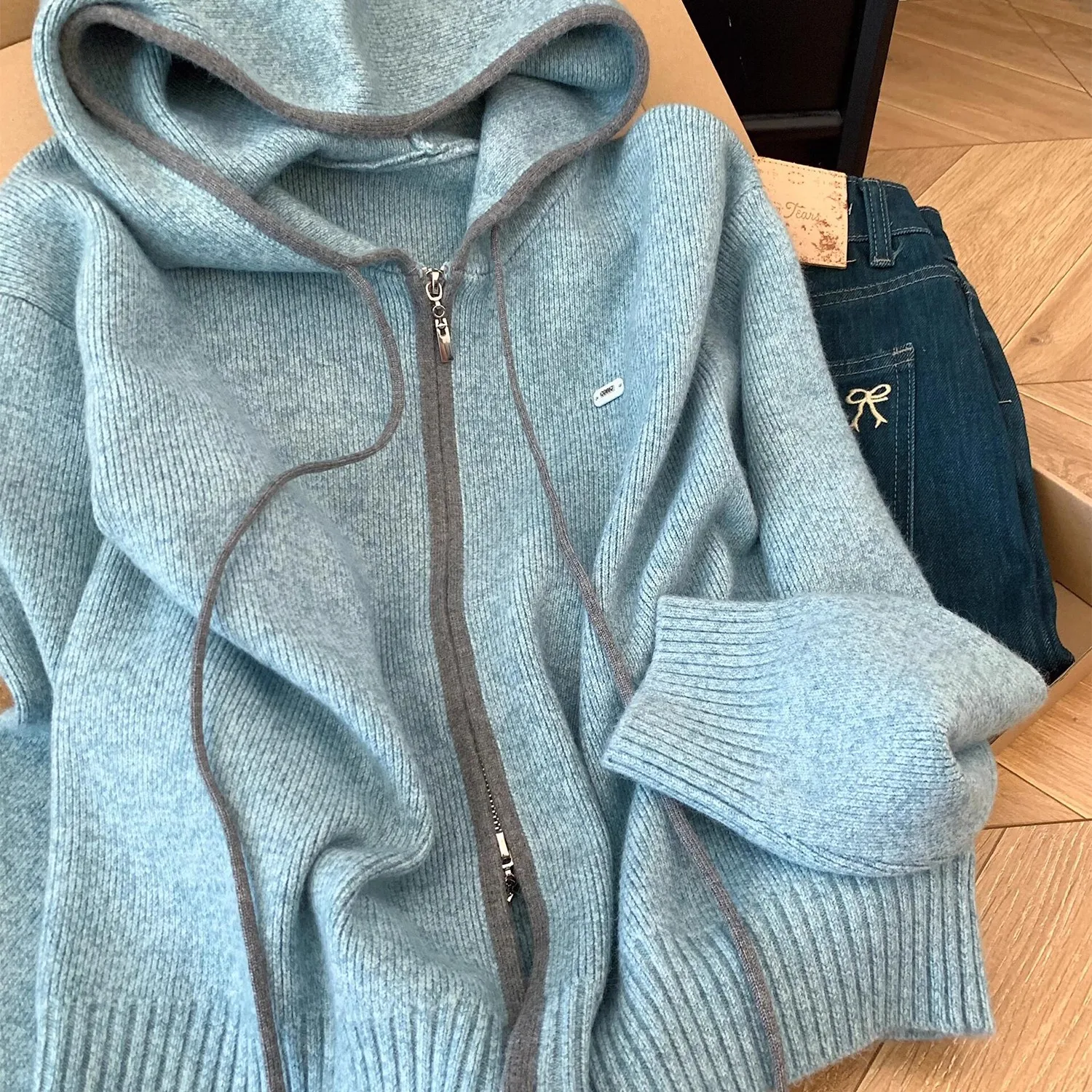 

Повседневная свободная толстовка с капюшоном на осень-зиму 1225, лоскутный открытый кардиган на молнии, свитер, удобный мягкий женский вязаный топ F281