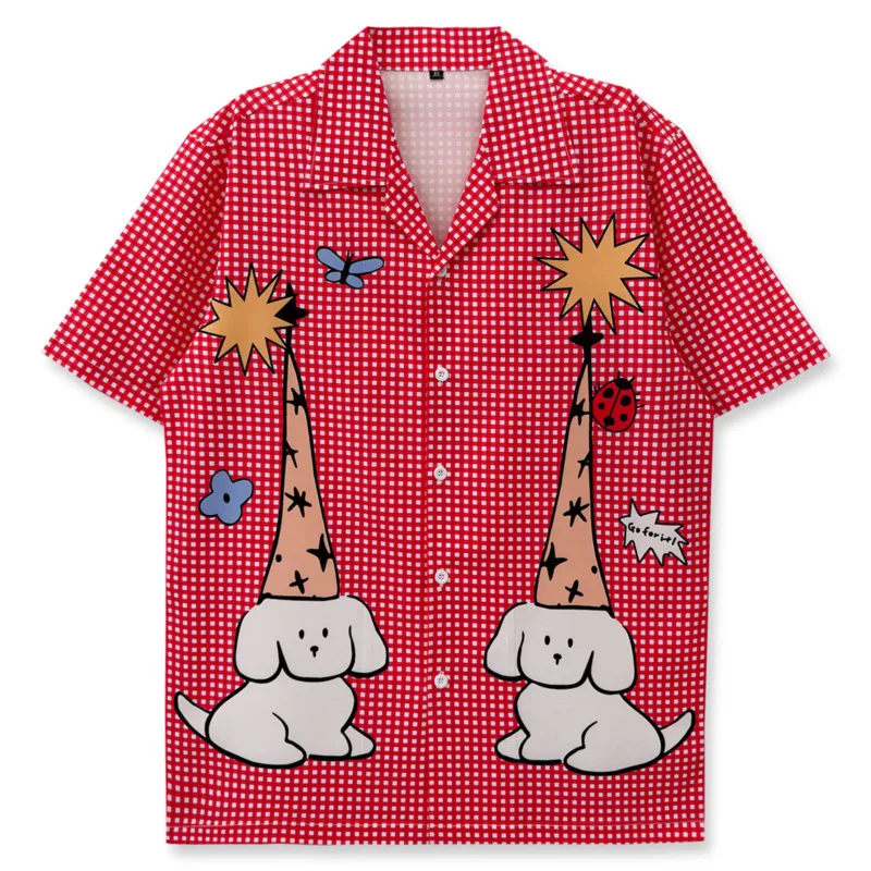 European Style Short Sleeve Casual Shirt Party Dress Shirt Men Red Checkered Print Shirt Men Camisa Social Masculina Ropa Hombre