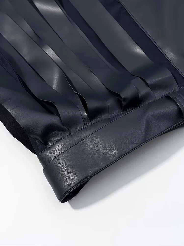 Veste courte en faux cuir PU à manches longues et franges, style européen, nouvelle mode pour femmes, polyvalente et élégante, couleur unie.