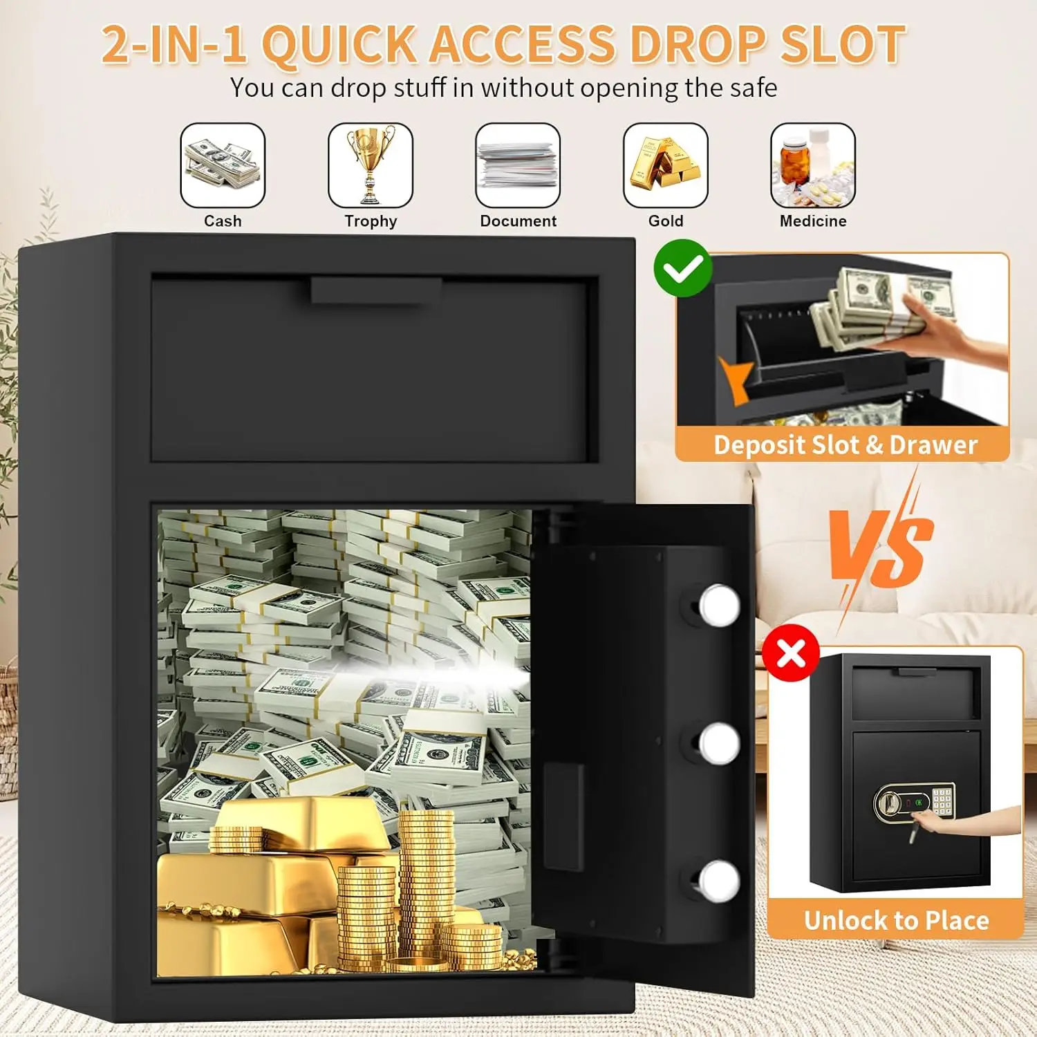 4.0 Cu ft Large Fireproof Drop Safe Box for Business, Anti-Theft Cash Drop Safe with Slot & Combination Lock, Heavy Duty Deposit