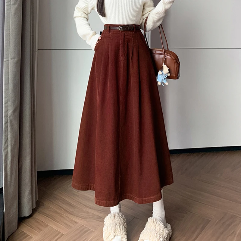

Y2K Corduroy Fall Winter Midi Skirt Women High Waisted Korean Pleated Street Skirt Loose Casual Droped Preppy Style Skirt