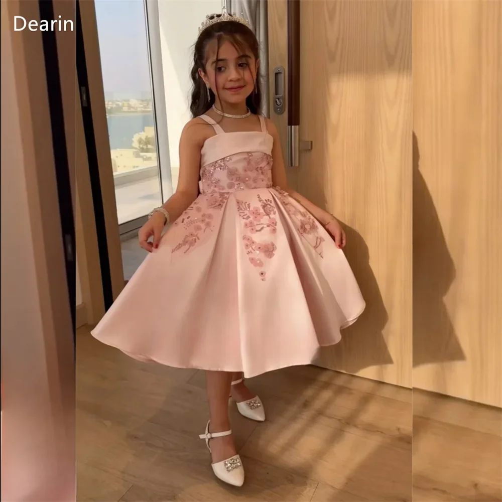 

Customized Dearin Spaghetti Strap Ball Gown Tea Length Skirts Draped Applique Flower Girl Dresses