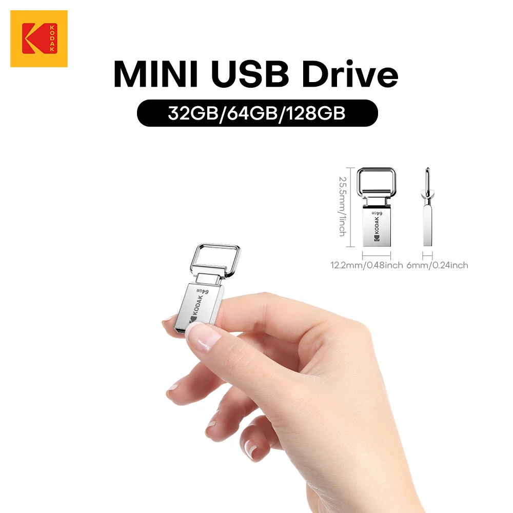 KODAK K112 محرك فلاش USB صغير 32 جيجابايت 64 جيجابايت 128 جيجابايت USB2.0 محرك ذاكرة القلم مع حلقة رئيسية عصا ذاكرة معدنية محمولة للكمبيوتر السيارة