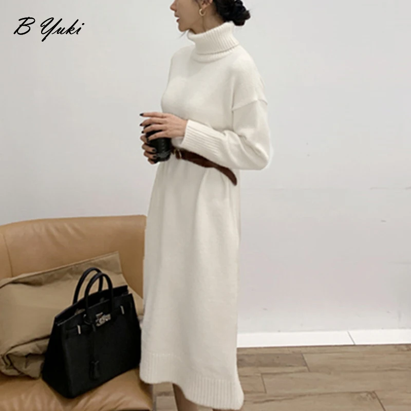 Blessyuki Oversized Cashmere Turtleneck Knit Pullovers Dress Women Winter Casual Solid Warm Sweater Dress Female Elegant Dresses