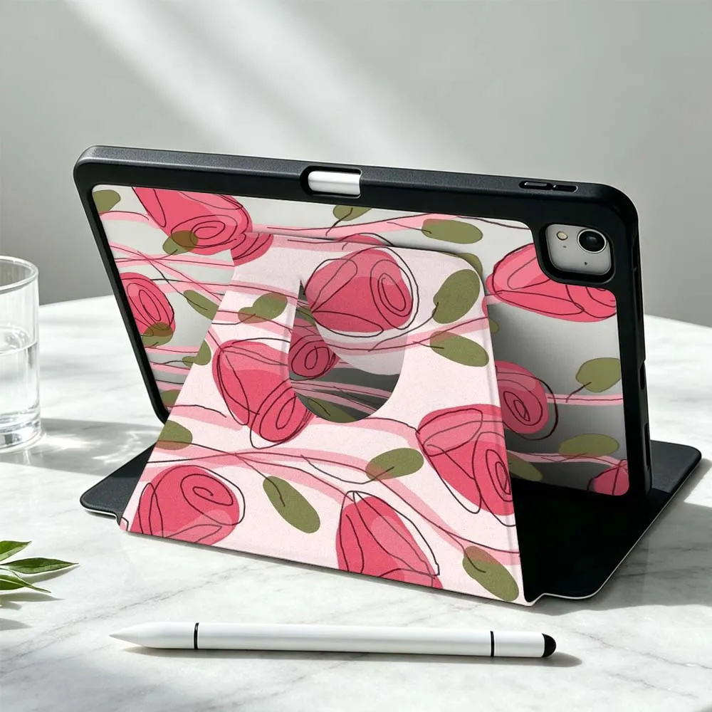 Artistic Rose Pattern For iPad Pro Air mini 6 5 4 12th M5 M4 M3 M2 A16 A17Pro 360° Rotation Stylus Storage Tablet Case Soft