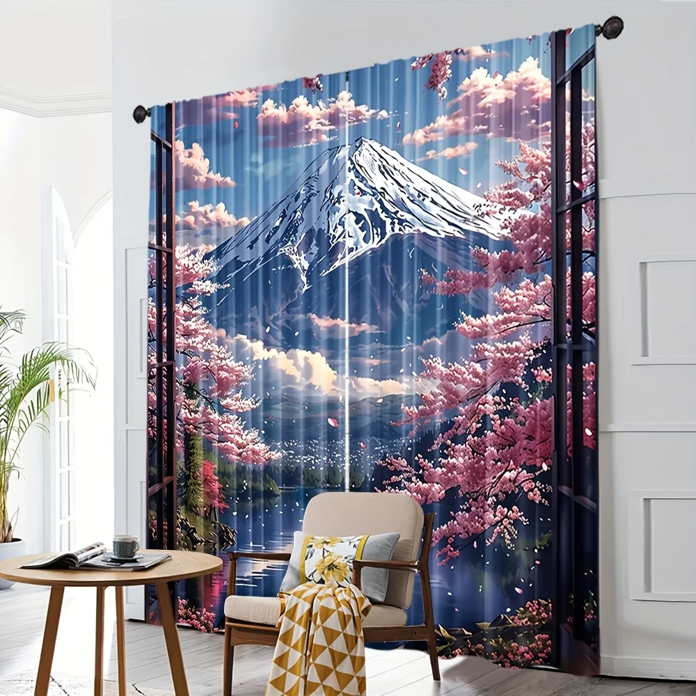 2pcs Mount Fuji Sakura Curtains Japanese Landscape Print Blackout Drape Living Room Bedroom Window Treatment Home Decor