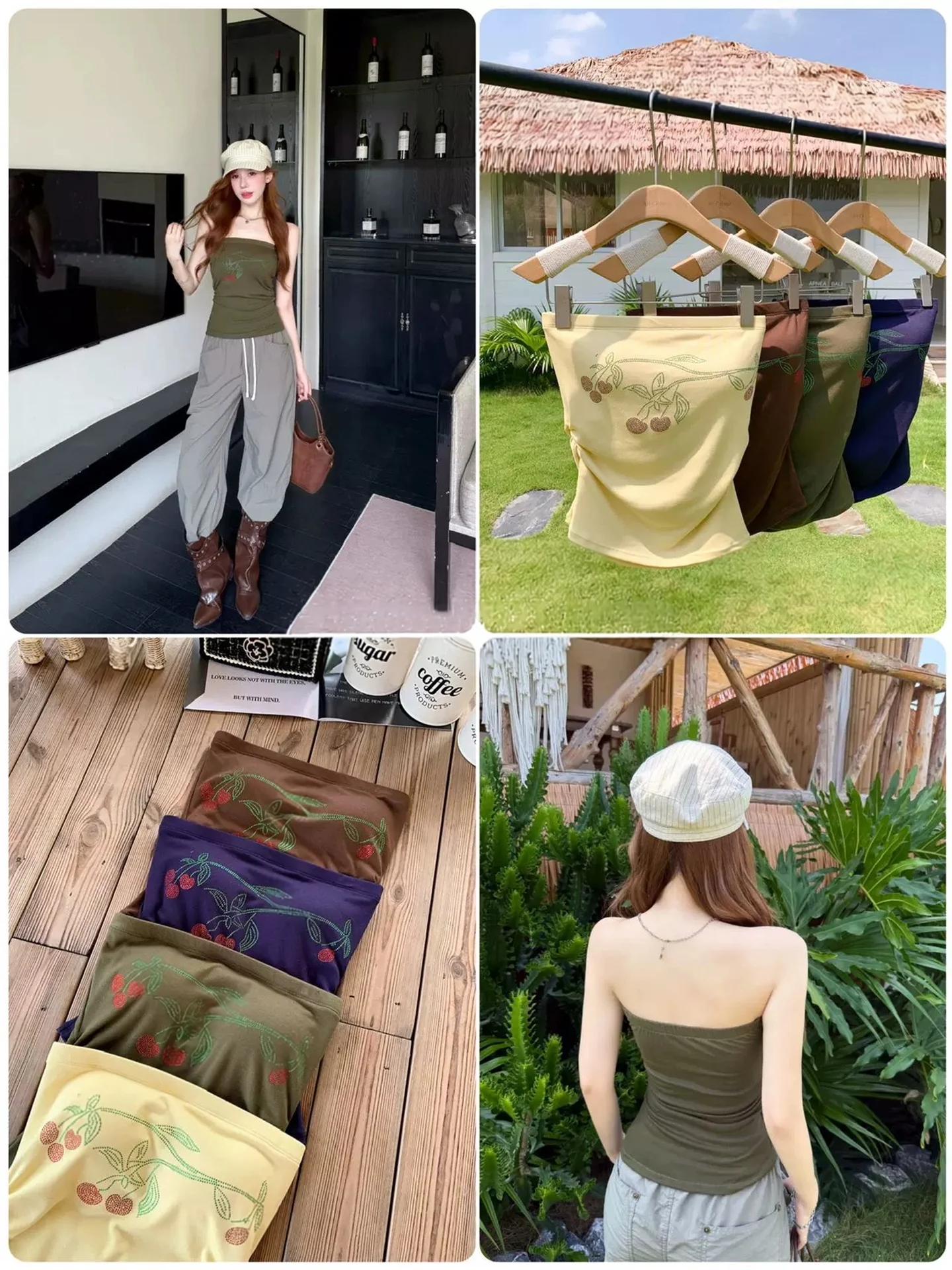 American Retro Cherry Themed Slim Fit Wireless Bralette Women's Autumn Short Wrap Chest Top Sexy Style Inner Wear Vest