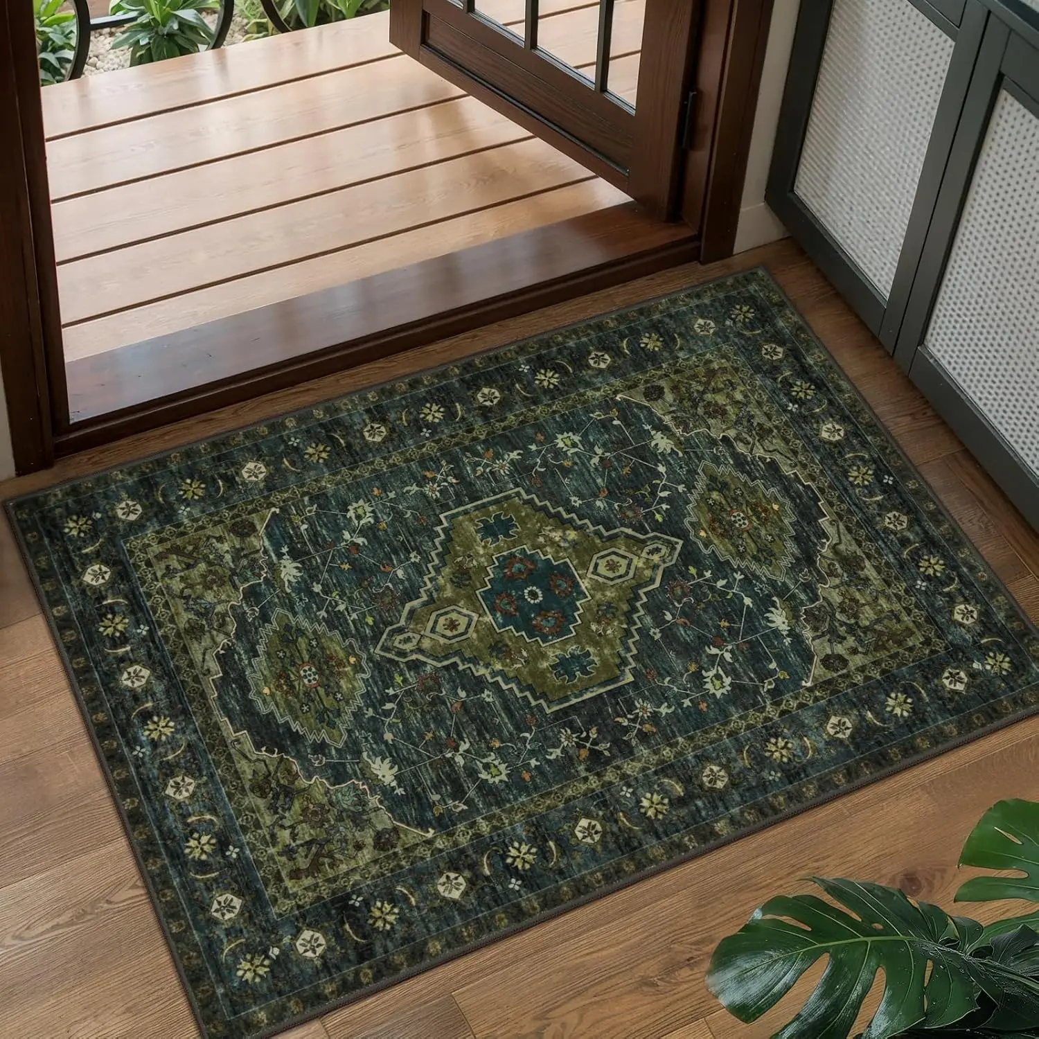 

Washable Entryway Rugs Vintage Olive Green Rug Non Slip Small Area Rug, Front Door Boho Rugs, Print Distressed Door Mat Indoor