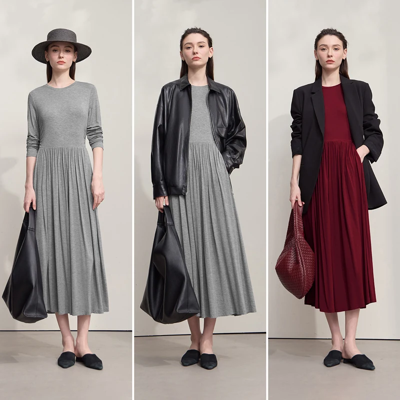 AMII فستان طويل المرأة سليم س الرقبة طويلة الأكمام ثوب أنيق للمرأة 2025 الخريف جديد محبوك ملابس السيدات غير رسمية 12523170