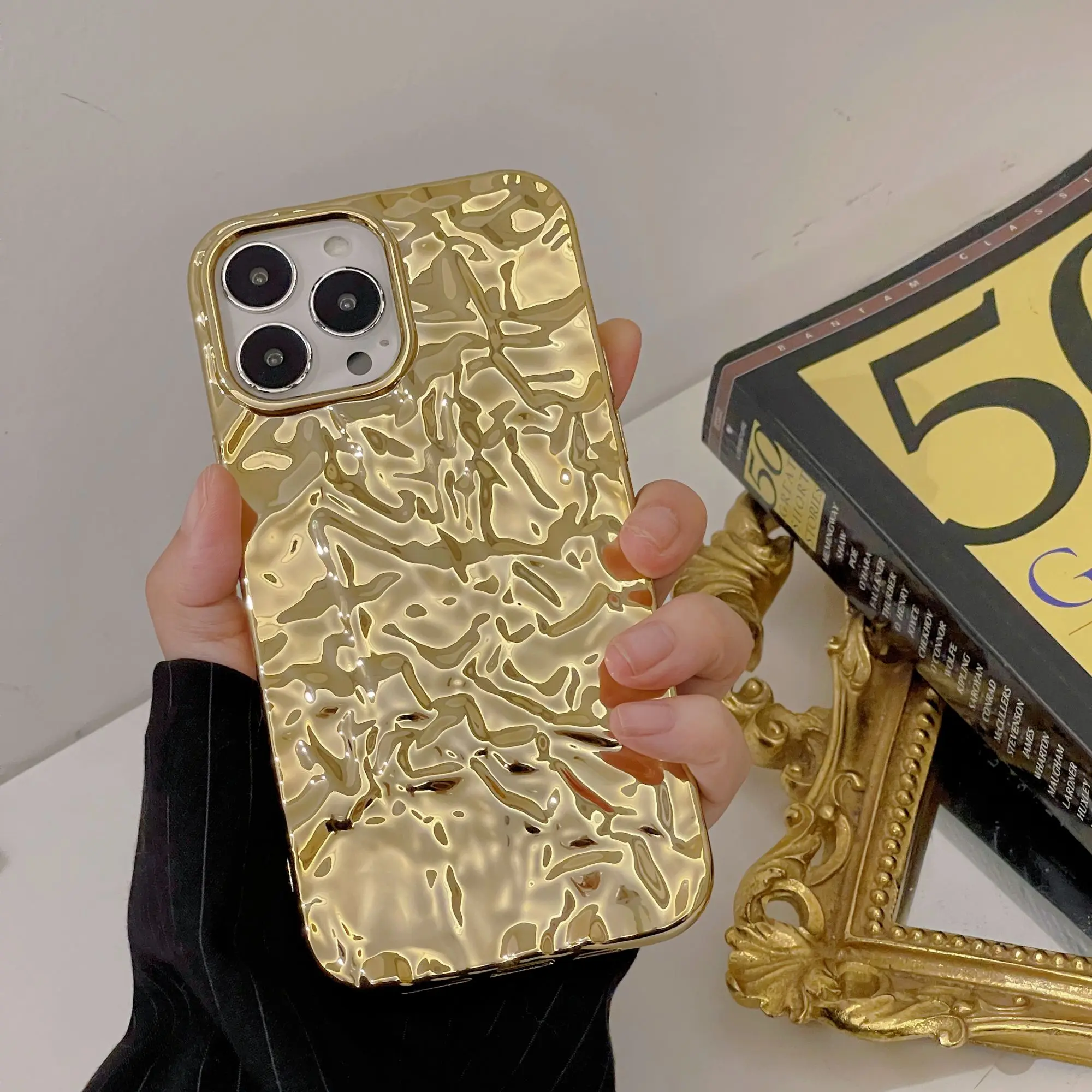 Luxury Plated Gold Tin Paper Phone Case for iPhone 16 Pro Max Plus 15 14 13 11 12 Pro Max X XS Max XR Shockproof Soft Cover Men