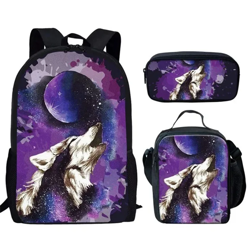 Kids Backpack School Bag Set Teenager Girls Boys Book Bag Purple Space Stars Galaxy Wolf Print School Bags Child Schoolbag