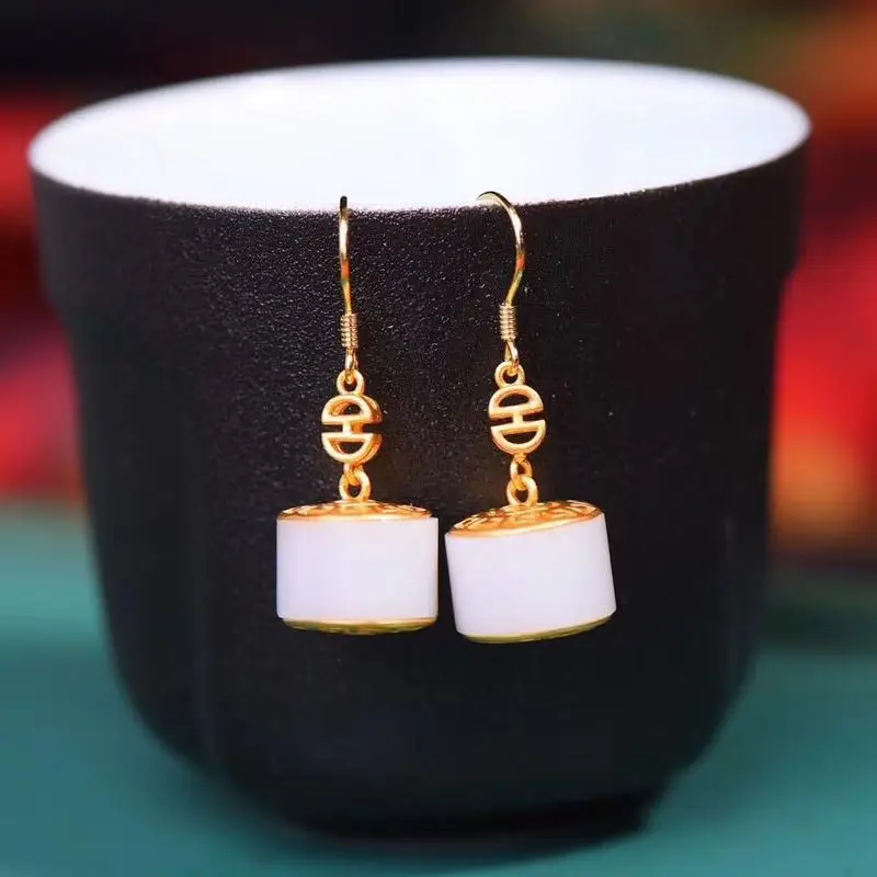 925 Silver With Hotan White Jade Inlay, Women'S Earrings