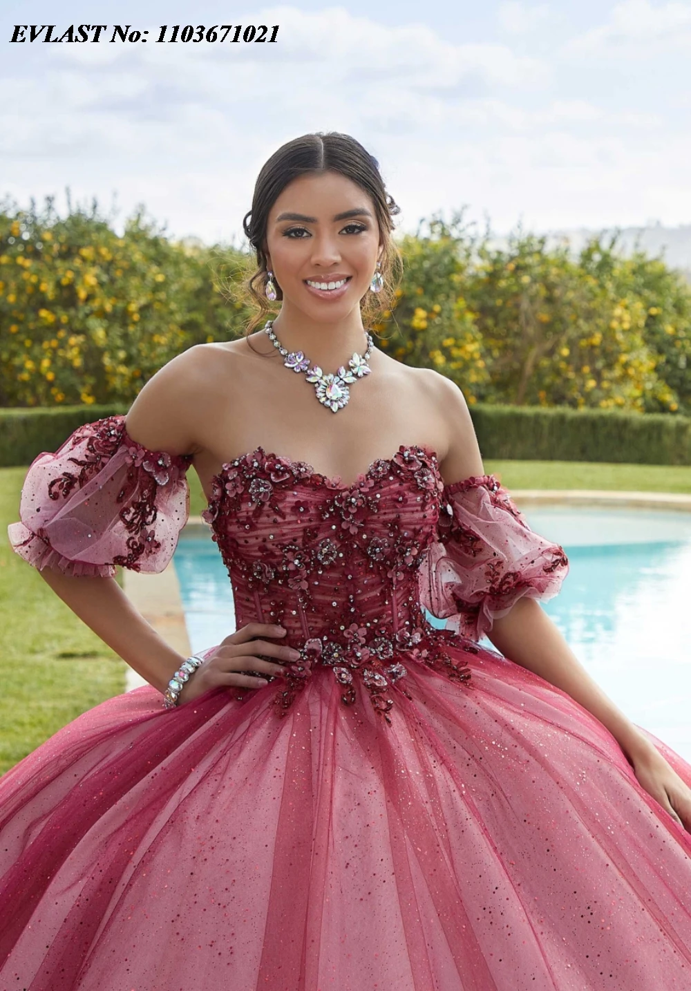 EVLAST Mexican Burgundy Quinceanera Dress Ball Gown 3D Floral Applique Beading Puffy Sleeve Corset Vestidos De XV Anos SQ301