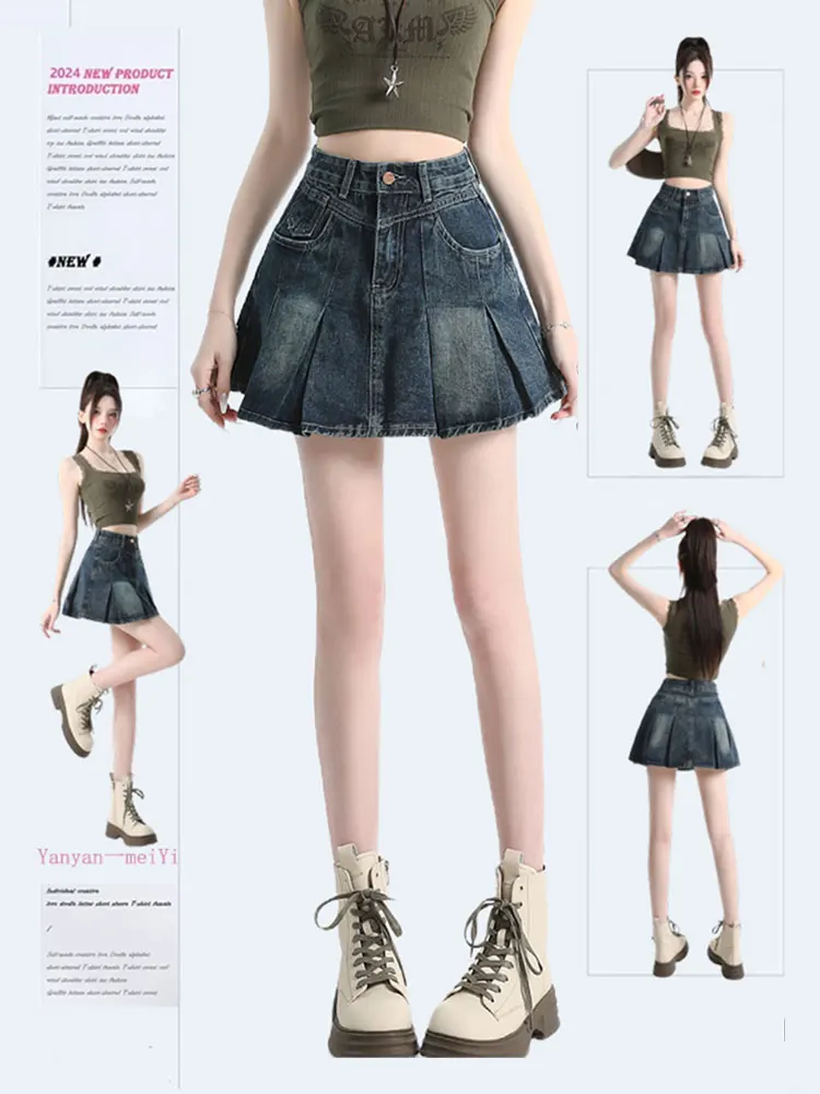 

American Retro Denim Pleated Skirt Women Summer New Small Size Slimming A-Line f Skirt Casual High Waist Jeans Fabric