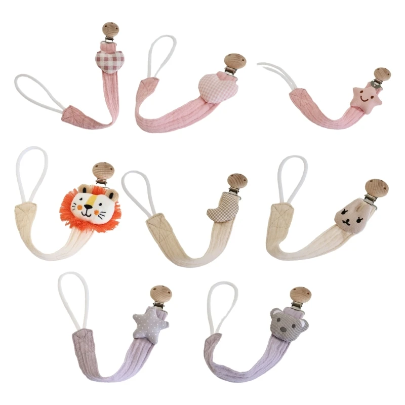 Cartoon animal heart Baby Pacifier Clip Infant Newborn Cotton Wooden Pacifier Chain Nipple Soother Dummy Holder Eco-friendly