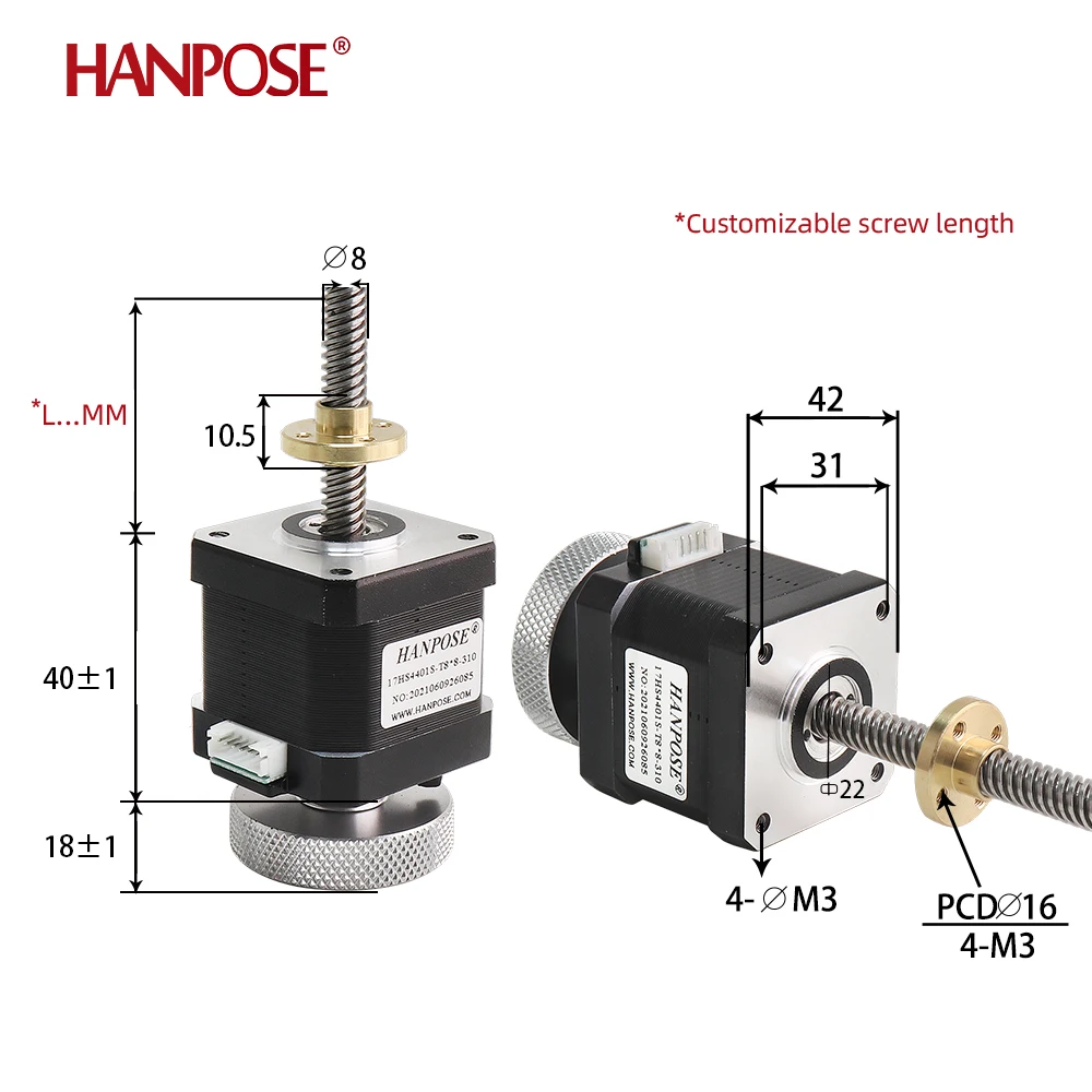 17HS4401S-T8*8 L310MM stepper motor 1.7A 40N.CM 40mm Nema17 Handwheel screw motor Copper nut lead 2/4/8mm for CNC milling machin