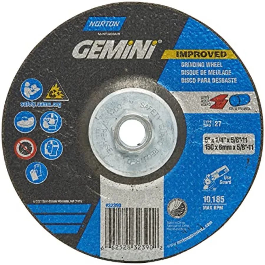 

6x1/4x5/8-11 дюймов Круги шлифовальные Gemini AO, тип 27, зернистость 24, упаковка 10 шт., промышленные, темно-серые, высокопрочные, универсальные