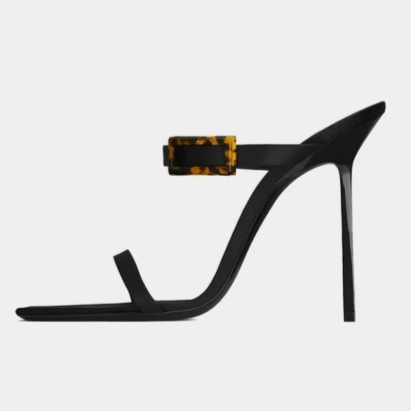 

Leather-trimmed Sandals Leopard Buckled Satin Mules Square Open Toe Slippers Black Sandalias Femininas Wedding Dress Shoes Woman
