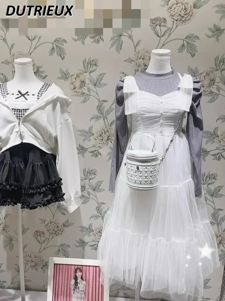 Estilo japonês doce menina fada suspender cintura vestido outono laço plissado em camadas malha sem mangas vestidos de comprimento médio