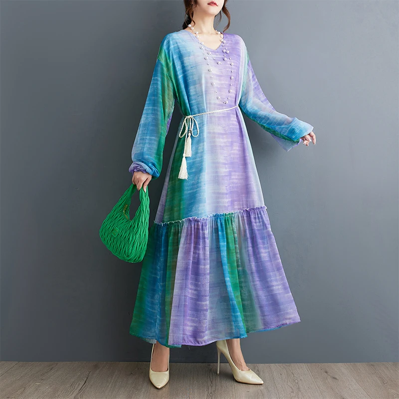 #6931 Tie Dye Long Dress Women Loose V-Neck False Two Piece A-line Dress Ankle-length Vintage Streetwear Ladies Dresses Spring