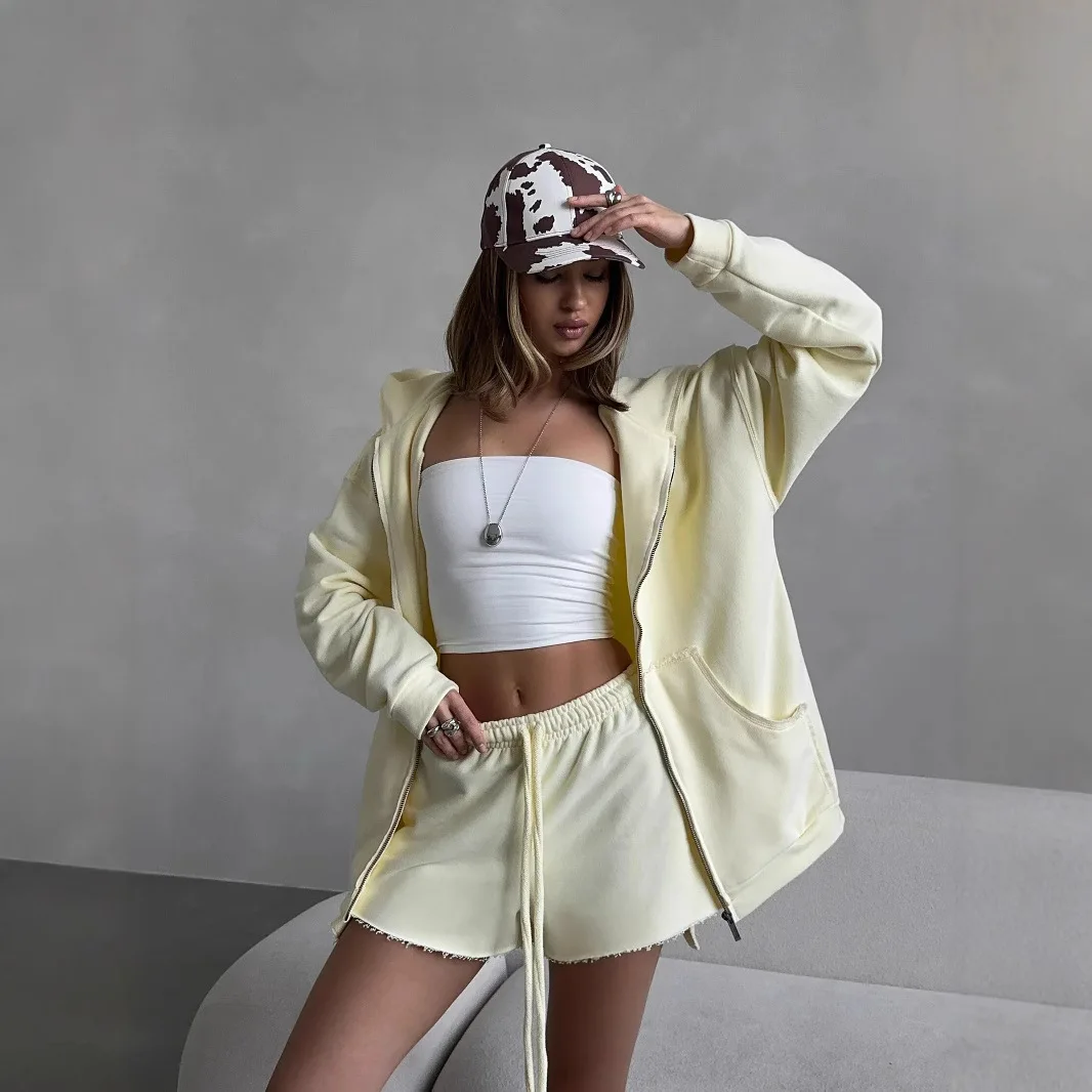 Women Casual Pure Color Long Sleeve Hoodie Drawstring Sweatshirt Shorts Set Two Piece Outfit