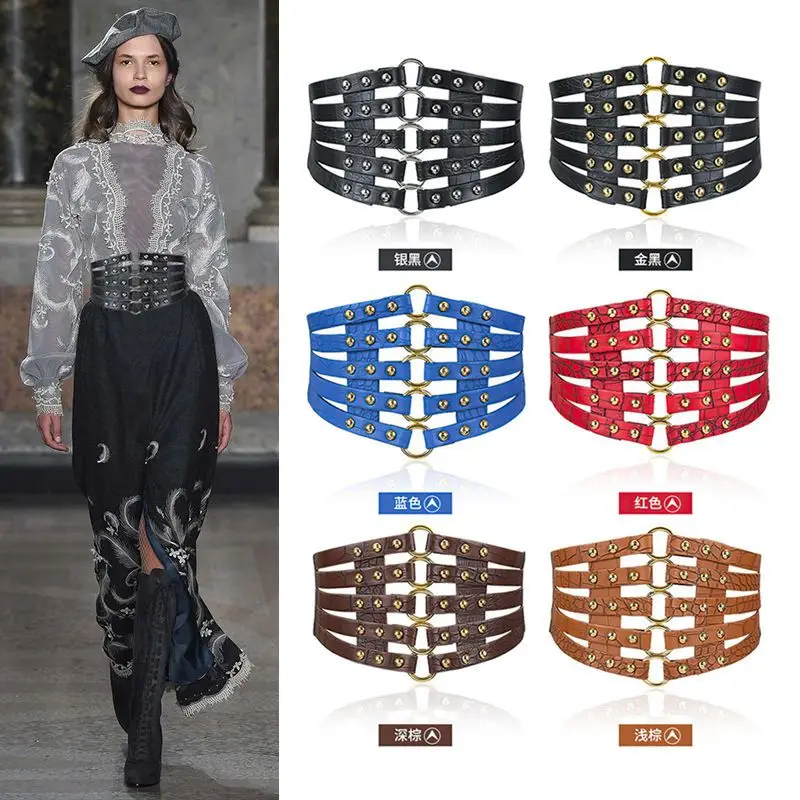 حزام أسود عريض مرصع على الطراز الغربي بتصميم عتيق للتنانير والمعاطف المنتفخة أزياء نسائية #3