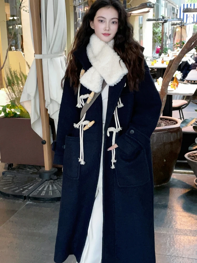 

IANTSUI 2025 Autumn Winter High-End Feeling k Blue Wool Coat Tailored Woolen Medium-Length Elegance Coat Women's Faion