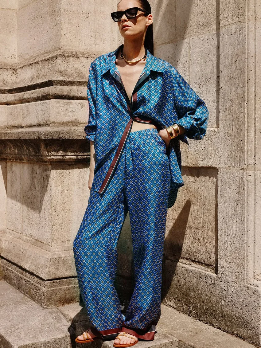 

Marthaqiqi Printing Ladies Sleepwear Suit Long Sleeve Nightgowns Sexy Turn-Down Collar Nightwear Pants Casual Female Pajamas Set