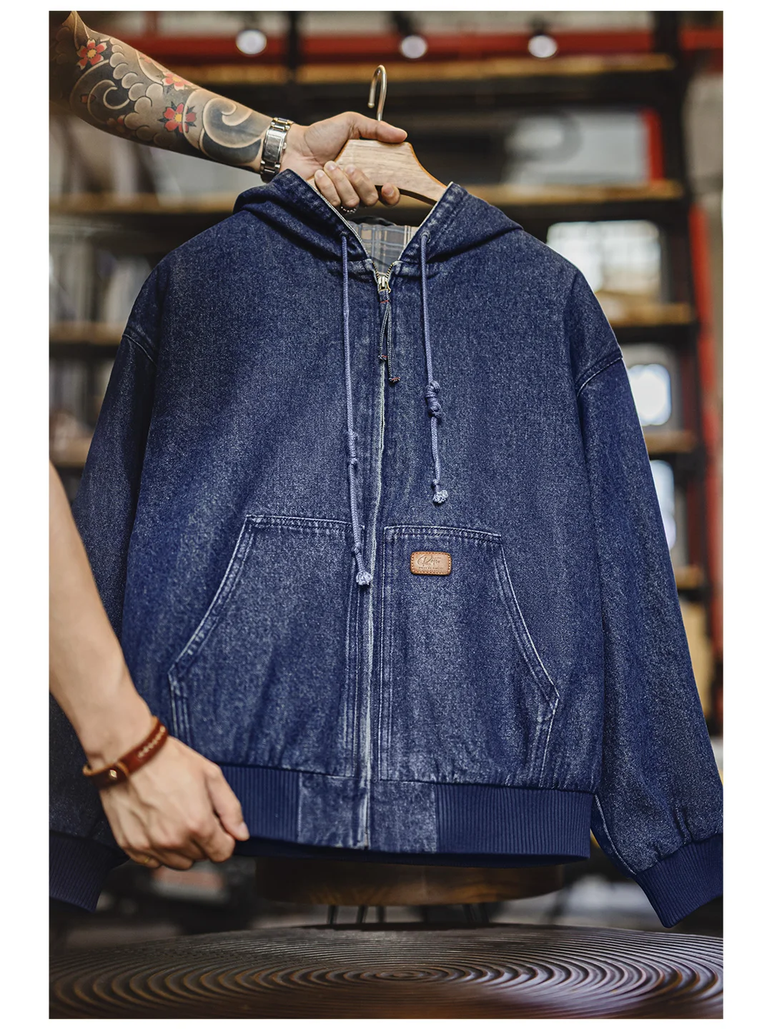 Maden Retro Men's J130 10.5oz Denim Jacket Heavyweight Washed Aged Hooded Jacket Zipper Work Coat with Large Pockets for Fall 21 S184811c632c34ff7aef04e1e973d35c6s