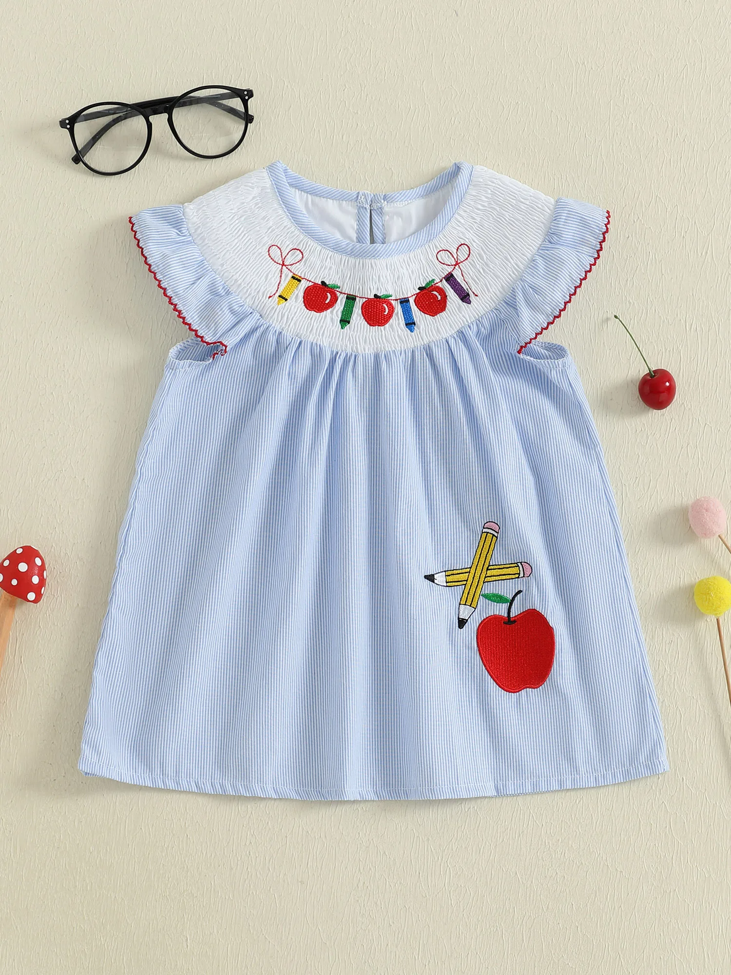 

Полосатое платье трапециевидной формы с летящими рукавами и вышивкой в виде яблока для девочек, идеально подходящее для школы и повседневных летних нарядов