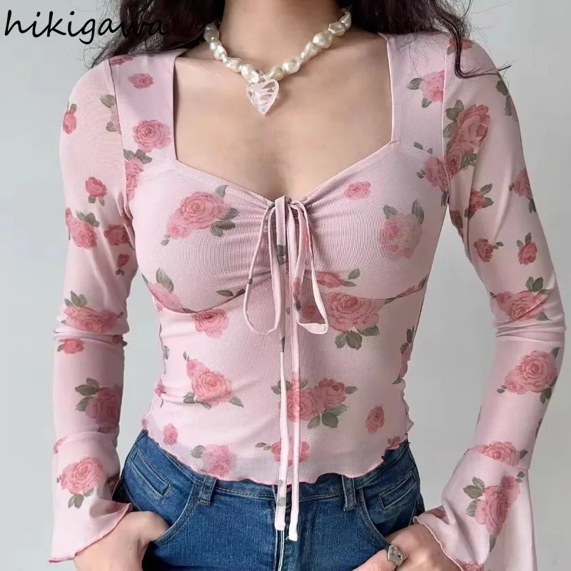 Sweet Blouse Women\'s Clothing Gauze Floral Square Collar Flare Sleeve Tunic Shirts 2024 Blusas Mujer De Moda Summer Crop Tops